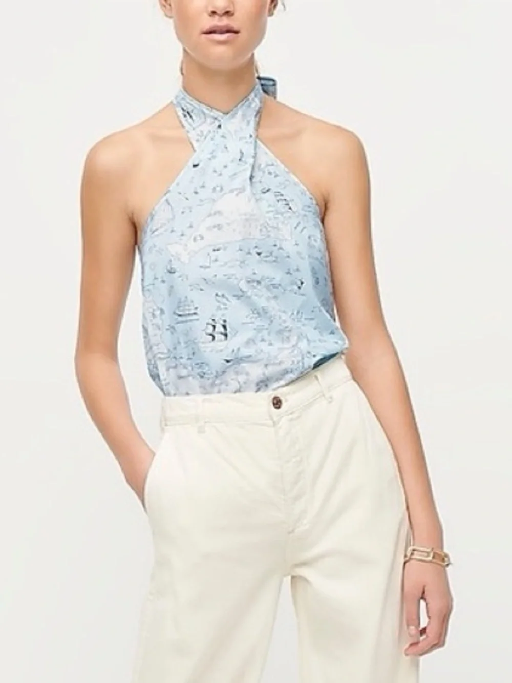 NWT J. Crew Light Blue Halter top in Ratti® compass print size small
